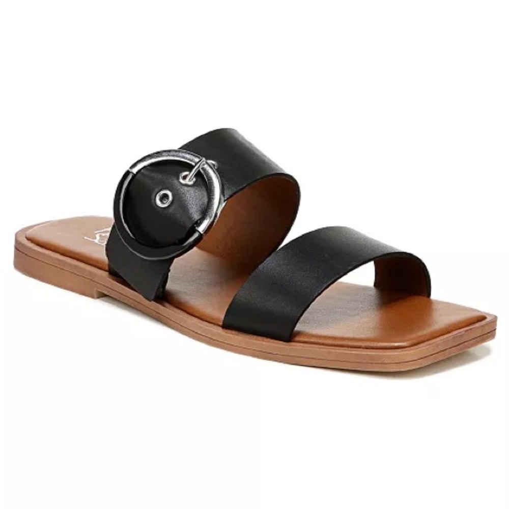 Franco Sarto Merris Sandals Size 8.5 Black Leather O-ring Buckle Double Strap